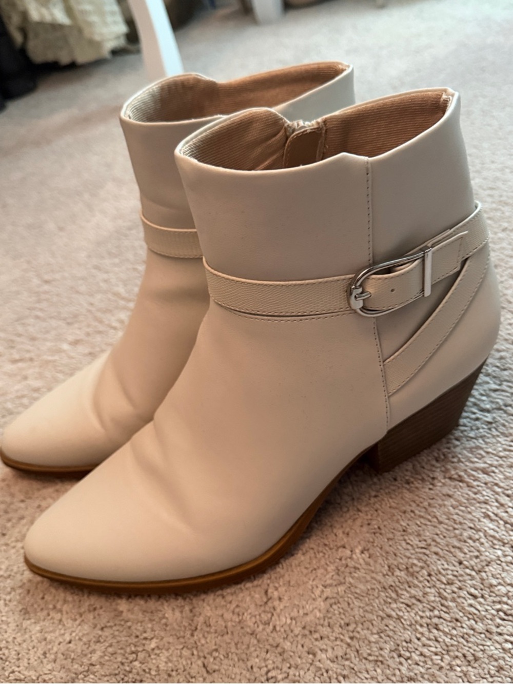 Life Stride Cream Ankle Booties with Buckle Strap
